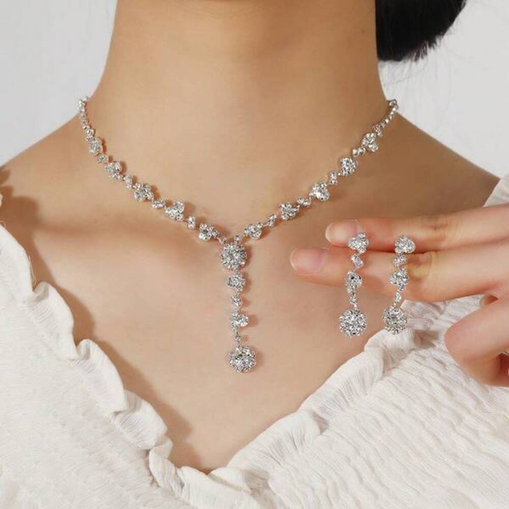 Full-Diamond Necklace And Earrings, Crystal Claw Chain Jewelry Set Gift